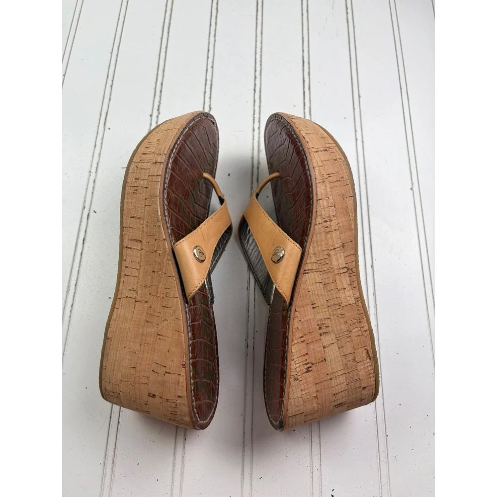 Sam Edelman Tan Leather Cork Romy Wedge Thong Platform Sandals Women's Size 7.5